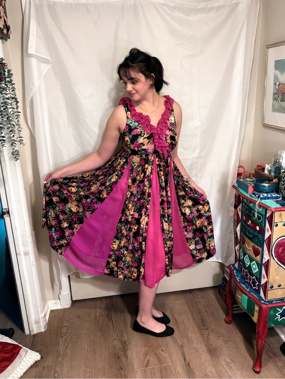 Floral Midi Dress with Fuchsia Ruffle V-Neck